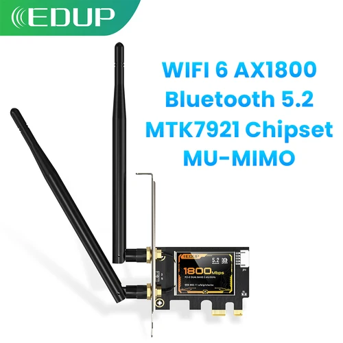 EDUP 9655 AX1800 WiFi6 Bluetooth 5,2 PCI-E tarjeta de red potente adaptador de Chipset con 2 antenas 6dBi para Windows 10 y Linux