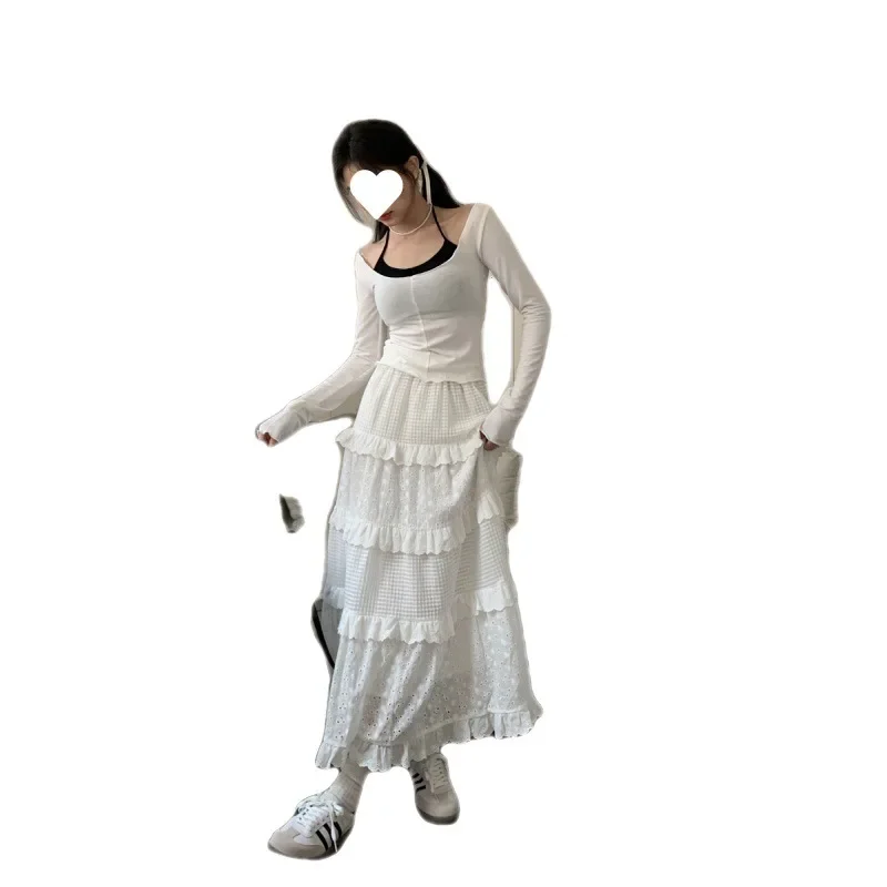 حجم كبير حجم كبير المرأة الدانتيل الأبيض الجوف خارج الربط عالية الخصر نصف تنورة كعكة تنورة الصيف خرافة نمط Fashionab...