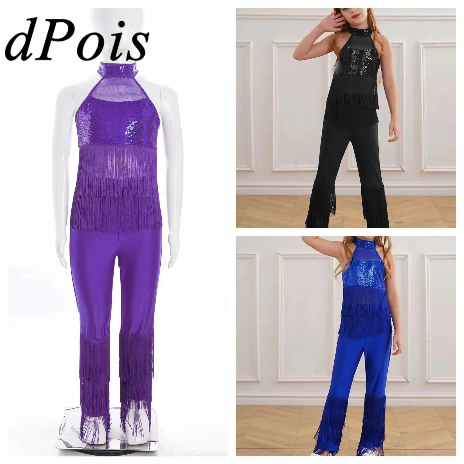 Mädchen Sparky Pailletten Overall Streetwear Kinder Jazz Dance Kostüme Neckholder Tiered Quasten Fransen Body Disco Hippie Kostüm