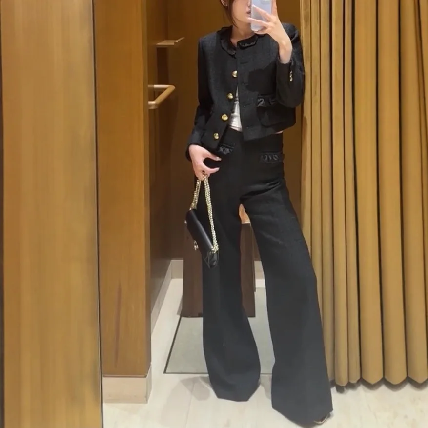 

Spring/Fall Women O-Neck Long Sleeve Ruffle Lace Tweed Solid Set Single-breasted Coat + High Waist Elegant Office Wide Leg Pants