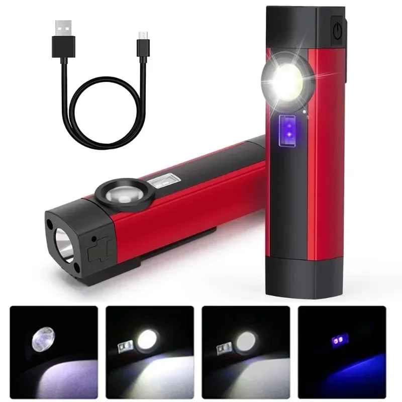 Portable COB LED Flashlight USB Rechargeable UV Torch Light 4 Modes Work Light with Magnet for Outdoor Camping