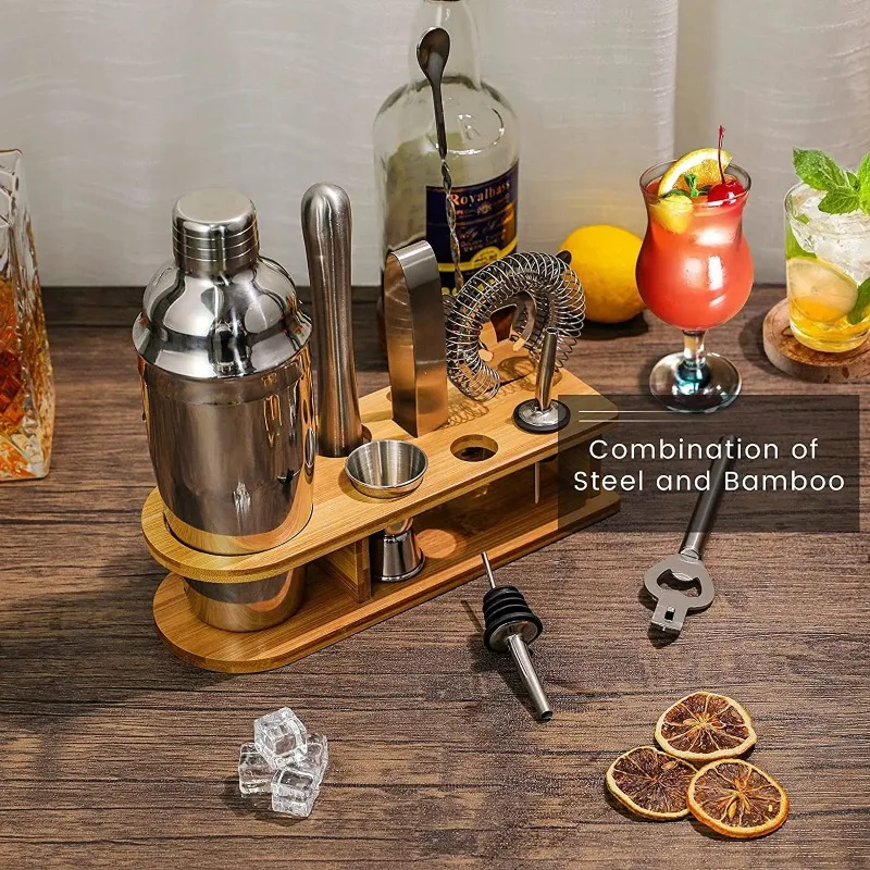10pcs Complete Mixology Bar Kit, Stainless Steel Boston Cocktail Shaker All Tools With Bamboo Stand  Party Bartender Su