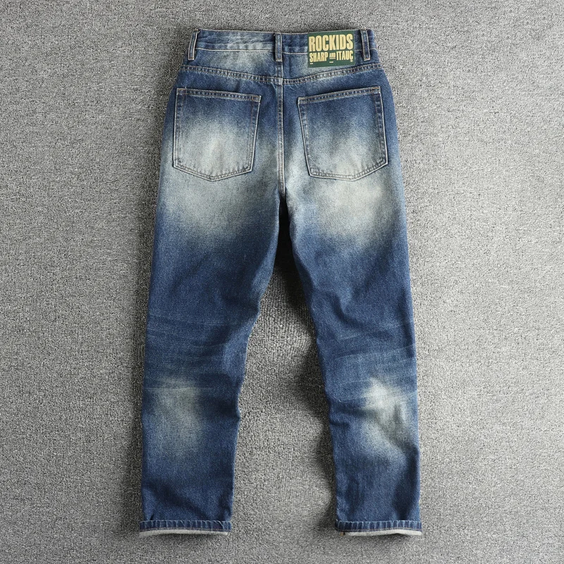 กางเกงยีนส์วินเทจสีน้ำเงินฟอกทรงหลวมขาตรงผ้าหนาสไตล์สตรีทเทรนดี้สำหรับผู้ชาย
