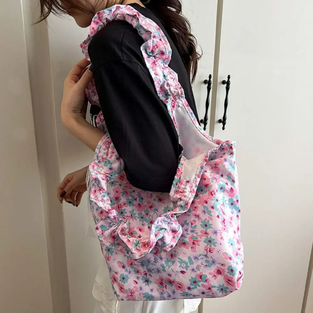 

Students Sweet Floral Pleated Shoulder Bag Bowknot Nylon Bow Tote Bag Large Capacity Pastoral Style Fresh Lace Handbag Shopping
