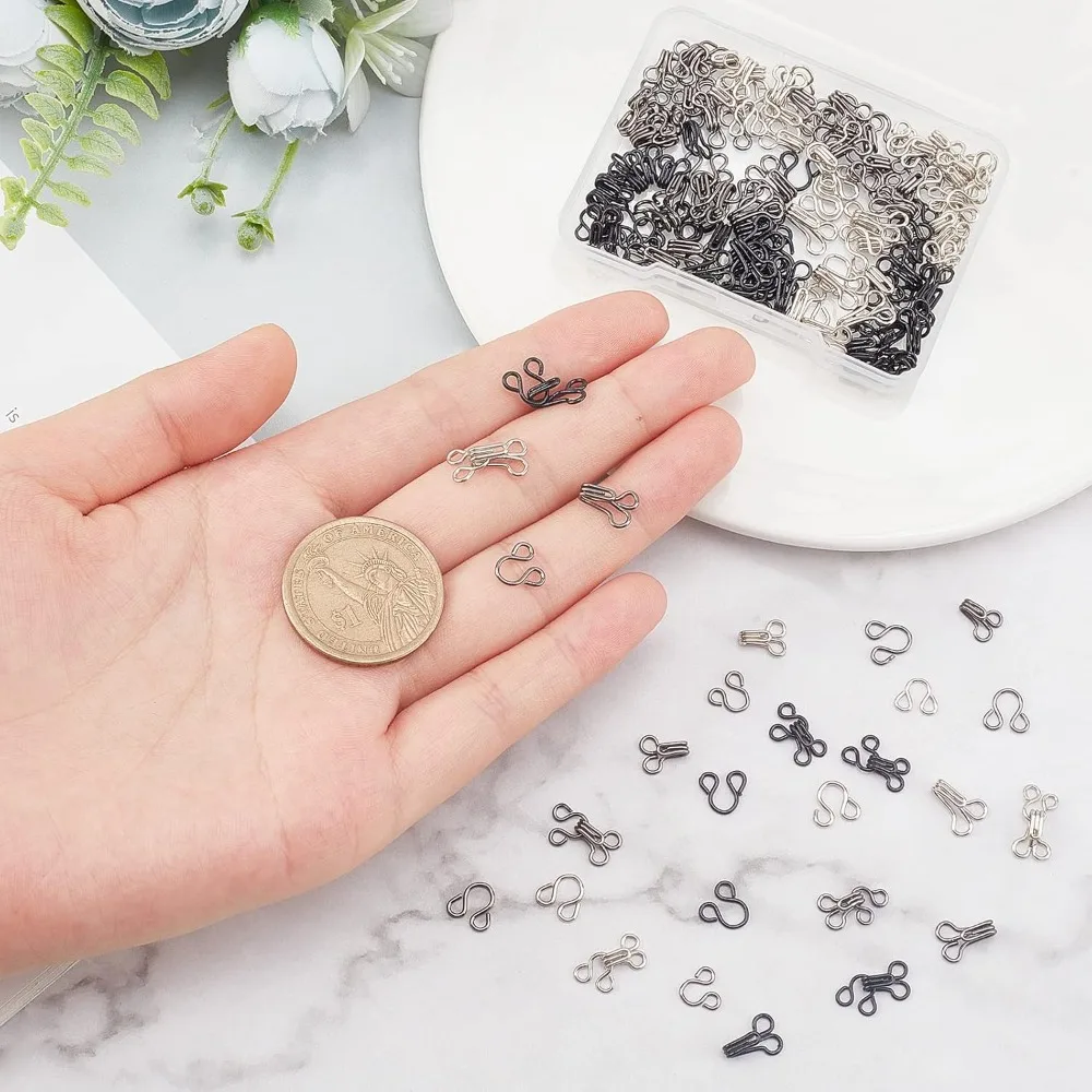 90 juegos de ganchos de costura y cierre de ojos, 3 tamaños, ganchos de hierro para sujetador, repuesto con caja de plástico para ropa, chaqueta, falda, pantalones