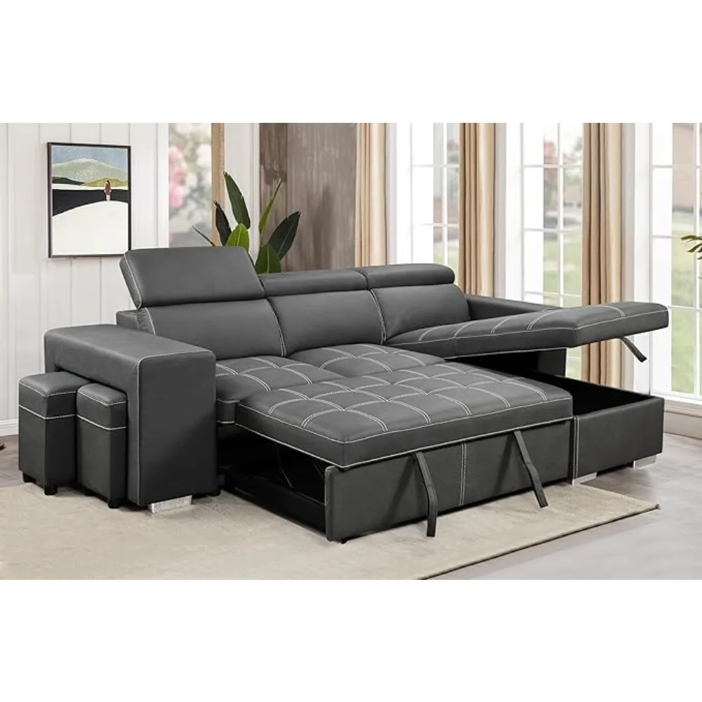 Sofa Couch with Reversible Storage Chaise,L Shaped Sleeper Sectional Sofa Pullout Bed with Adjustable Headrest for Living Room