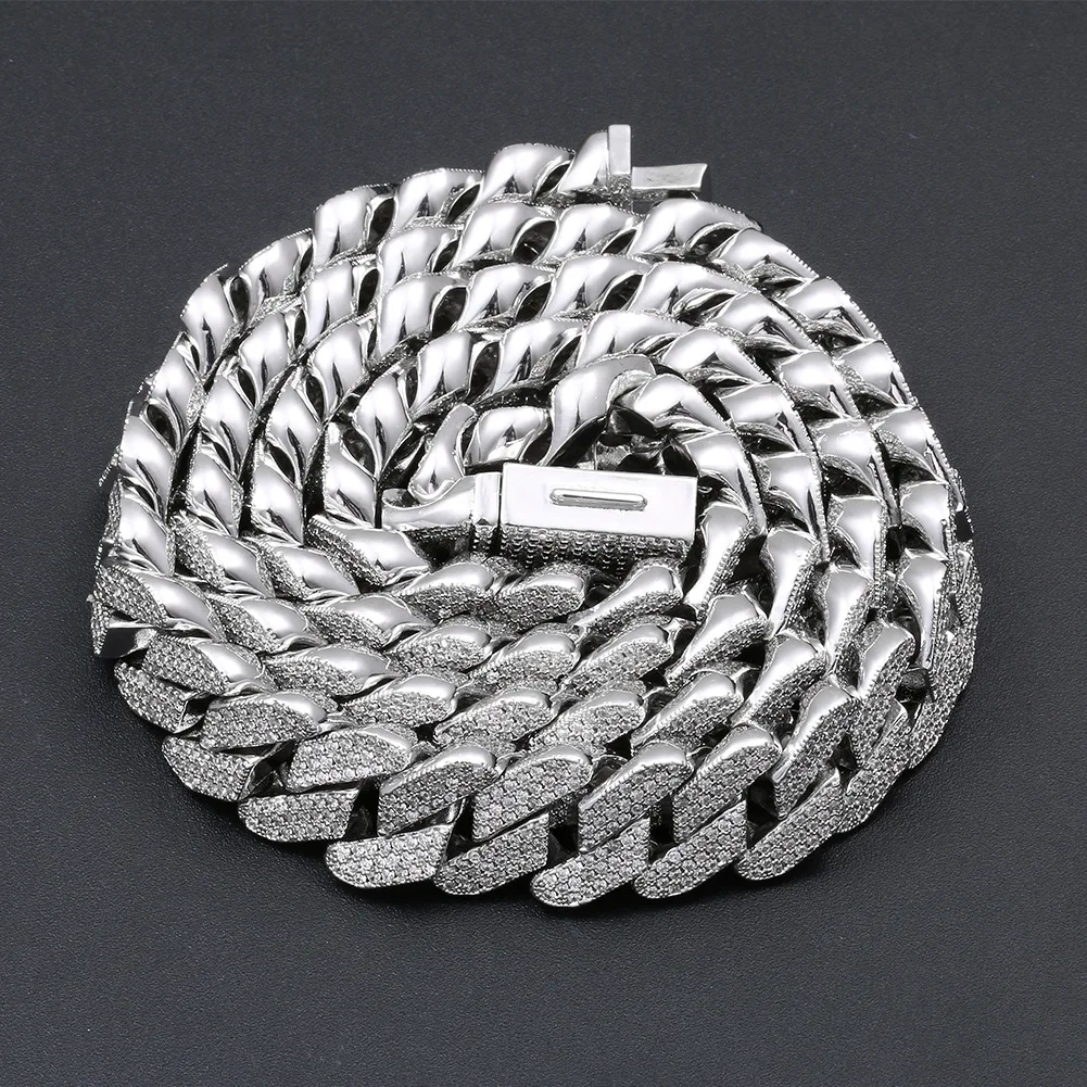 Hip Hop 3 Rows CZ Stone Paved Bling Ice Out 14mm Solid Square Cuban Miami Link Chain Necklace for Men Rapper Jewelry Gift