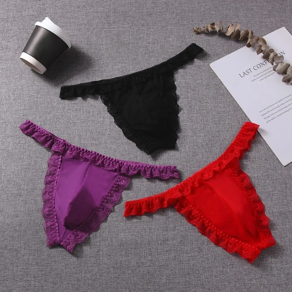 Breathable Low Waist Men's Lace Thongs Ruffle Belt Thin Men's Mesh Lace Panties Underpants T-back Male Briefs Summer