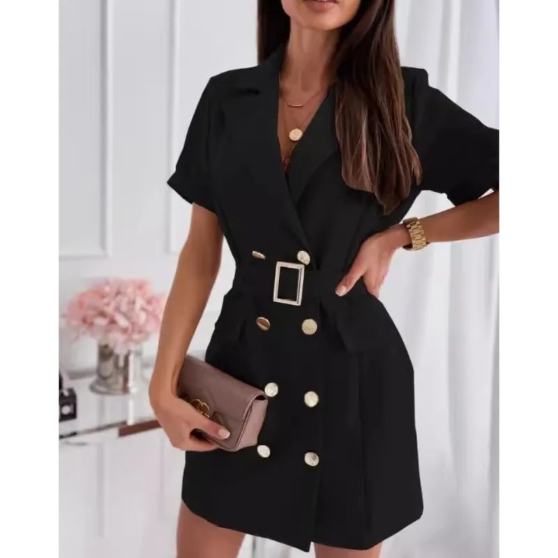 Elegant Office Lady Rose Red Mini Blazer Dress With Belt 2024 New Summer Fashion Double Breasted Short Sleeved Dresses For Women