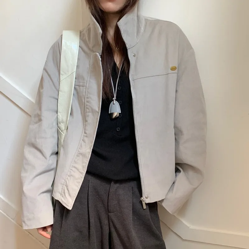 

Винтажное вельветовое короткое пальто с воротником-стойкой, женская осенняя куртка на молнии, женская верхняя одежда, стильные топы 2025 г.