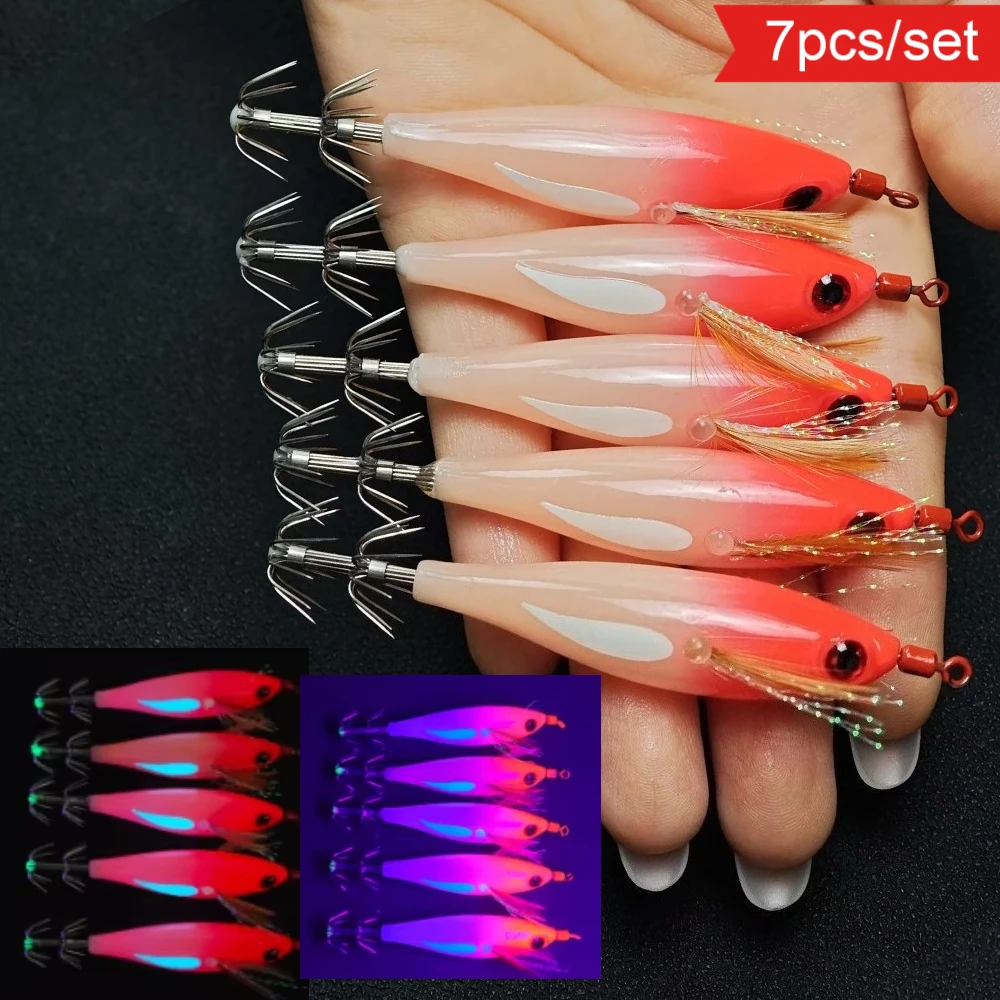 7pcs/set Horizontal Squid Jig Egi Set,Wood Shrimp Lures,Glow Squid Jig Kit,Artificial Bait for Squid, Octopus, Cuttlefish