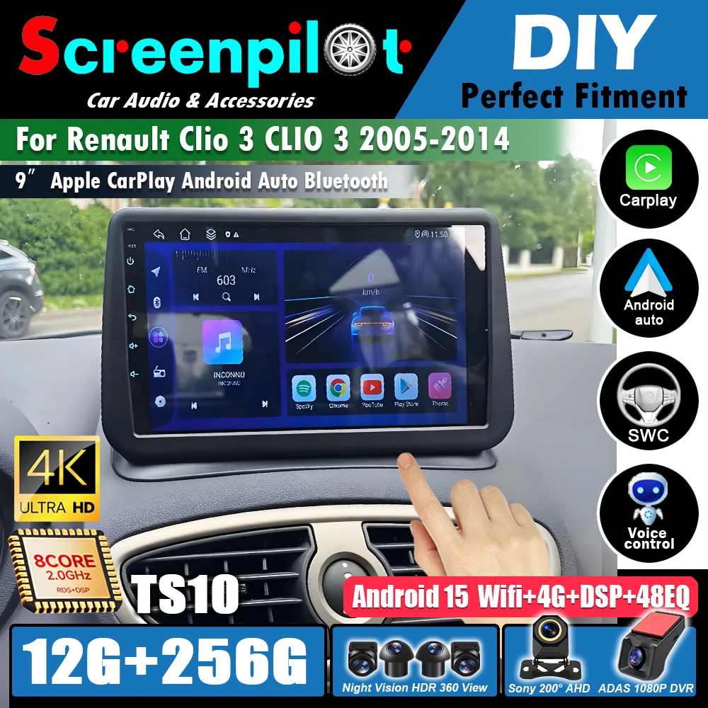 Rádio Automotivo para Renault Clio 3 CLIO 3 2005 2006 2007 2008 2009 - 2014 Android 16 Wireless CarPlay Auto GPS Multimídia Player WIFI