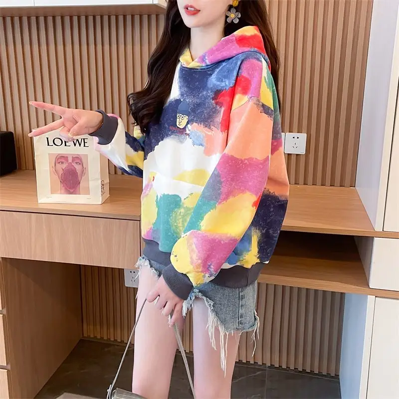 Womens Hoodies Rainbow Striped Long-sleeved T-shirt Spring Autumn New Loose Thin Casual Oversized Hooded Sweatshirt Women Tops