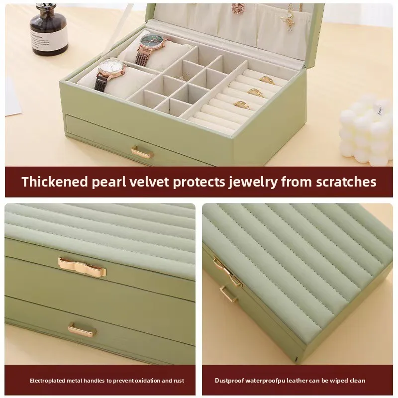 Striped PU Leather Double Layer Jewelry Box Large Capacity Portable Storage Case  Necklace Ring Watch Bracelet Home Travel Use