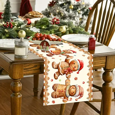 1 Piece of Christmas Gingerbread Man Theme Table Runner, Rice Bottom Painted Gingerbread Man, Candy, Small House Pattern, Suitable for Christmas Dinner, Family Party, Holiday Party, Theme Cafe, Family Restaurant, Christmas Market, Warm Tea Party, Holiday Gift Giving