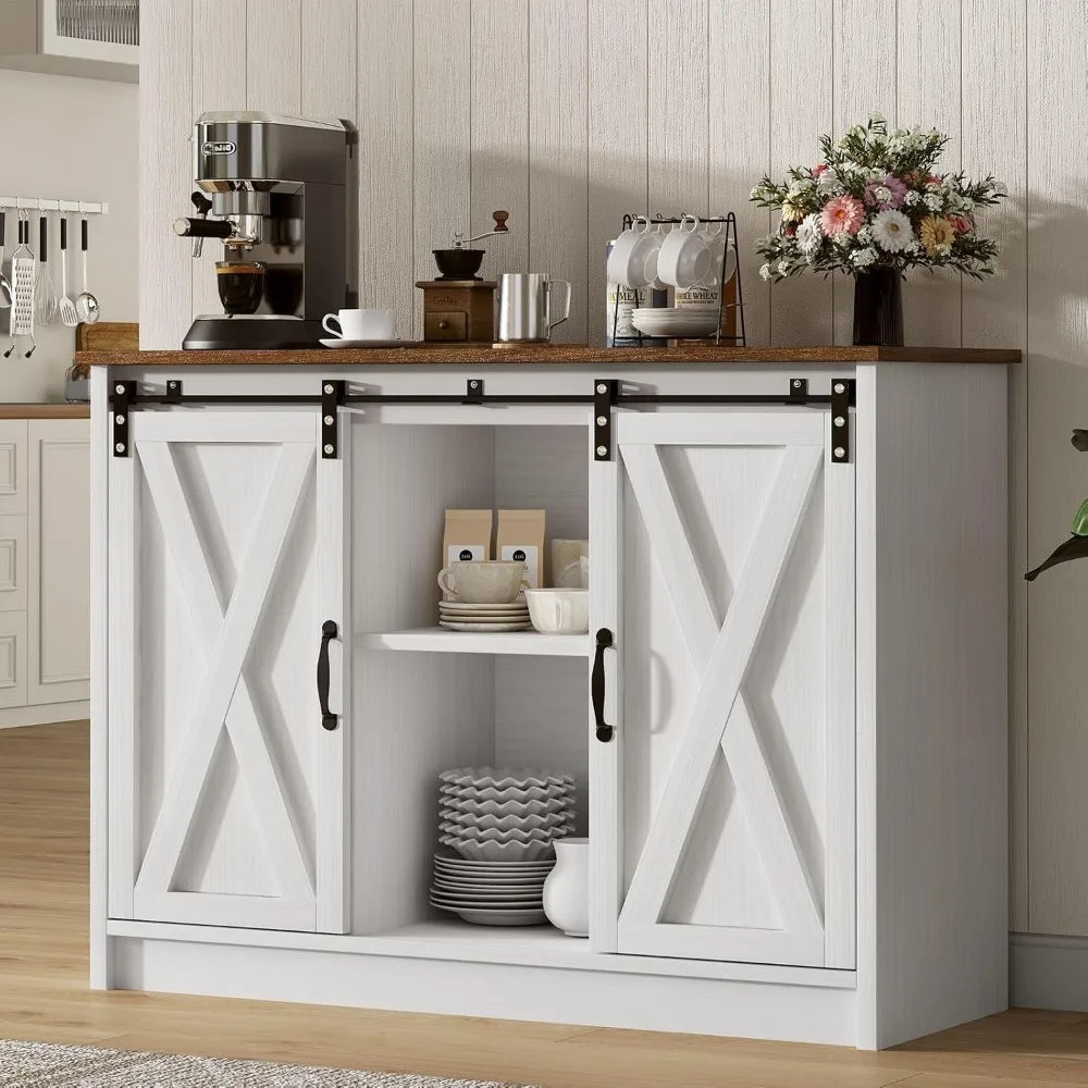 

Farmhouse Coffee Bar with Sliding Barn Doors, 42”Coffee Bar Cabinet with Adjustable Shelves for Kitchen Buffet Cabinet