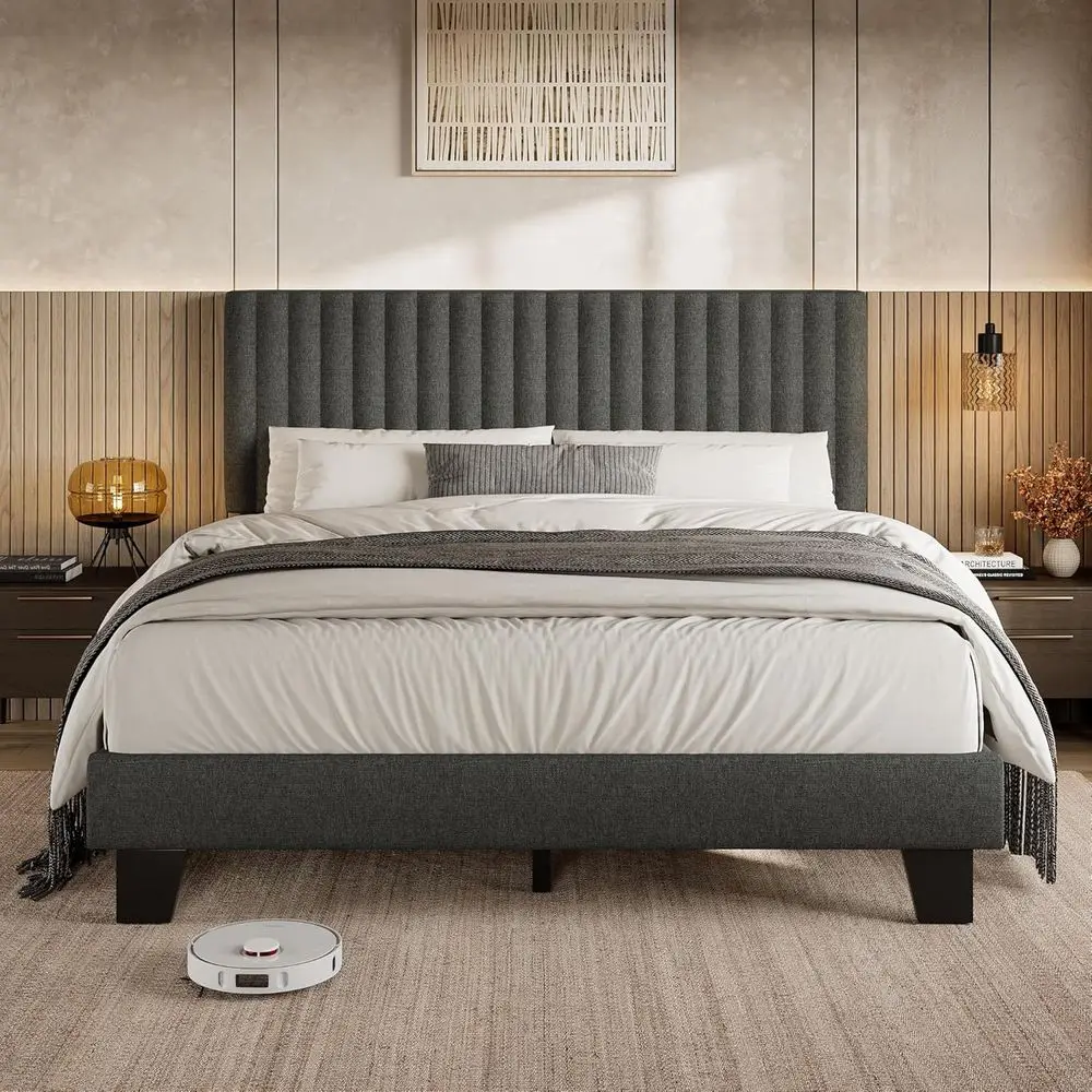 

Кровать-платформа с обивкой из льняной ткани и ламелями из массива дерева, размер Queen, серая, простая сборка, не требует пружинного блока.