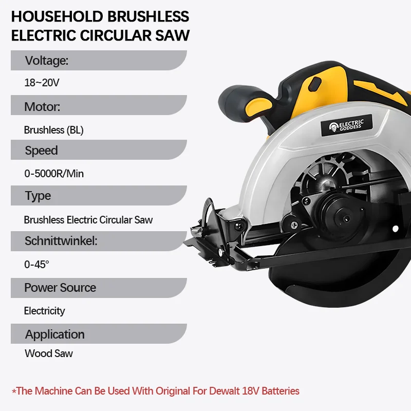 EGOD 7-inch Brushless Electric Circular Saw Woodworking Handheld Cordless Cutting Chainsaw for Dewalt 18V Battery