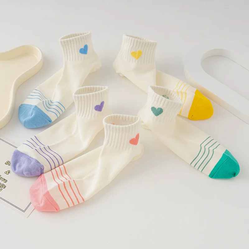 5 Paar Katoenen Damessokken Pak Witte Lente Zomer Herfst Love Print Lage Tube Korte Schattige Kawaii Harajuku Gestreepte Sokkenset Meisjes