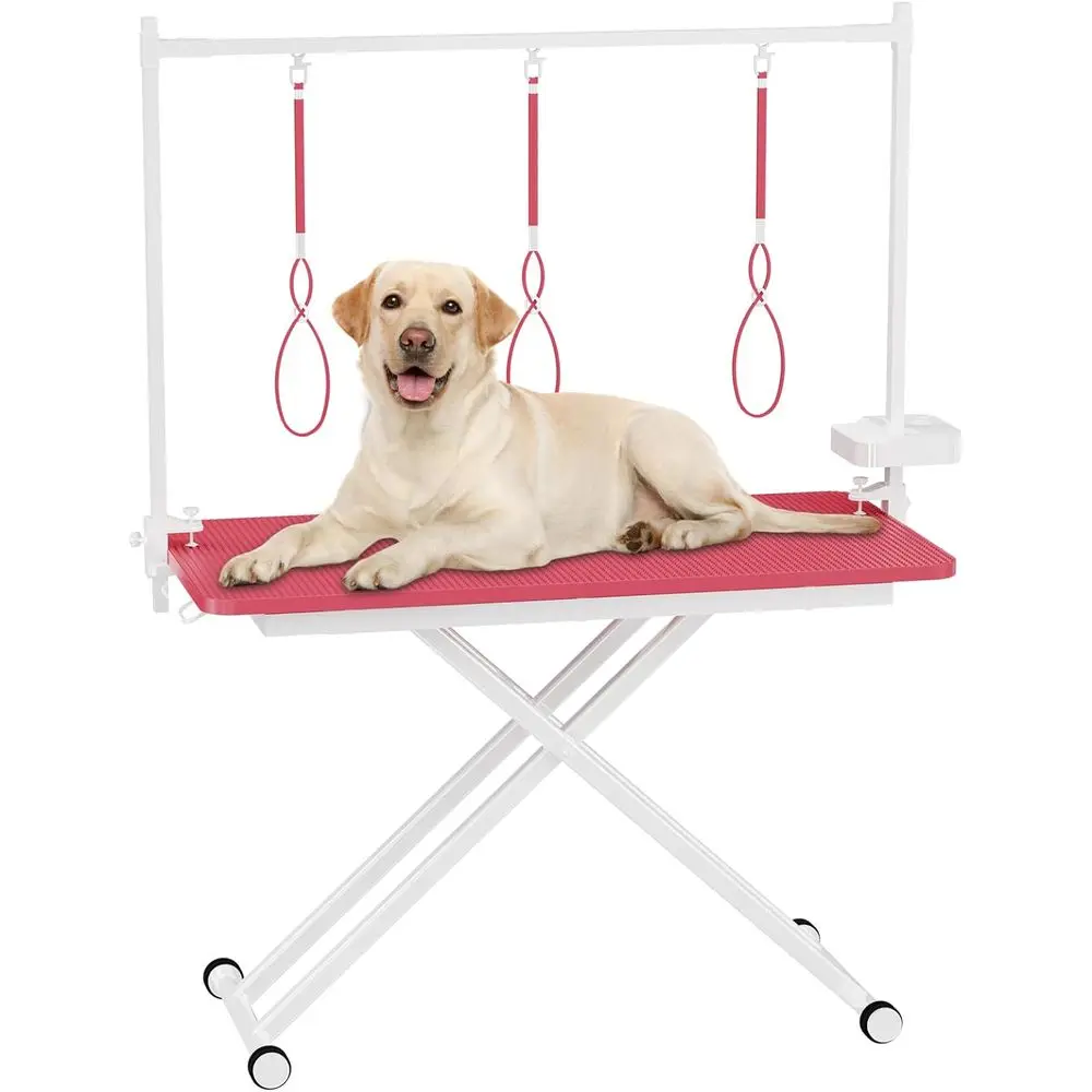 

47, розовый регулируемый стол для ухода за собаками с ящиком для хранения и металлической корзиной, столик для ухода за домашними животными с ручной регулировкой по высоте,