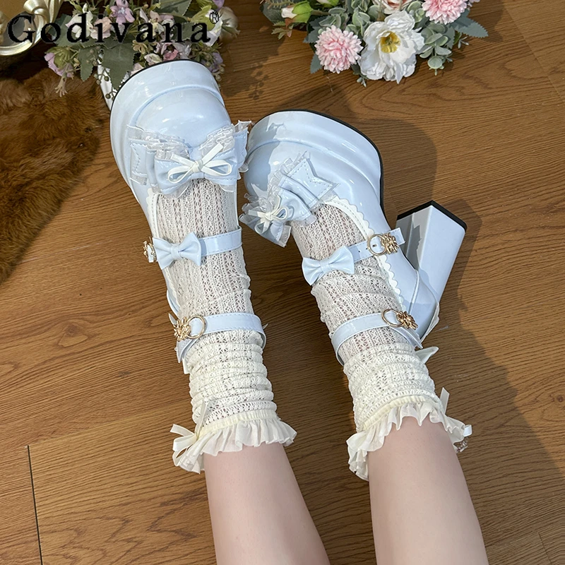Lolita Sweet Bow Lace New Shoes for Women Mary Jane Cute Japanese Style Shoes Female Autumn High Heel Leather Solid Shoes