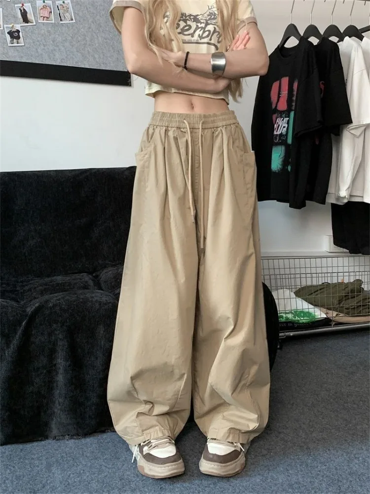 Брюки-карго HOUZHOU Женские Мешковатые, уличная одежда Y2k, винтажные свободные спортивные штаны на шнуровке, повседневные широкие брюки в стиле хип-хоп, на лето