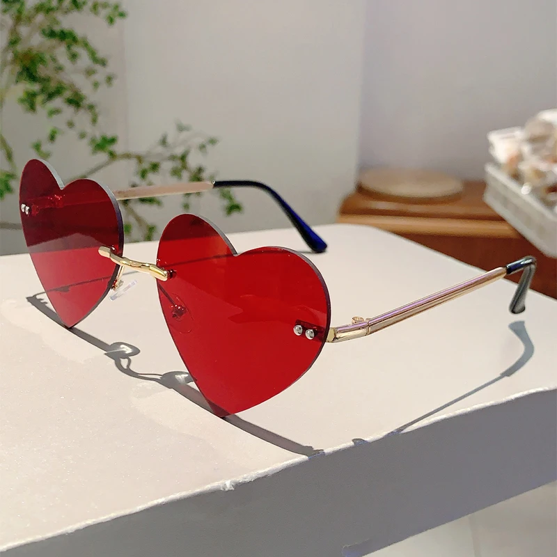 KAMMPT Nette Herz Form Sonnenbrille Mode Vintage Randlose Einfarbig Shades Frauen Retro Trendy Marke Design Strand Sonnenbrille – Detail 7