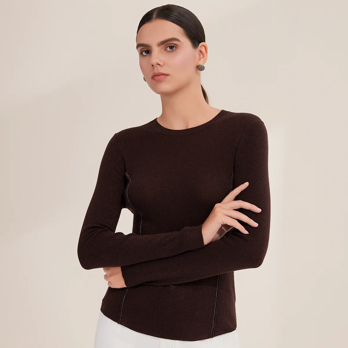 

Pop BY3521286 Women's Fitted Long Sleeve Merino Wool Crewneck Sweater Ribbed Knit Pullover Superfine Wool Sweater For Fall