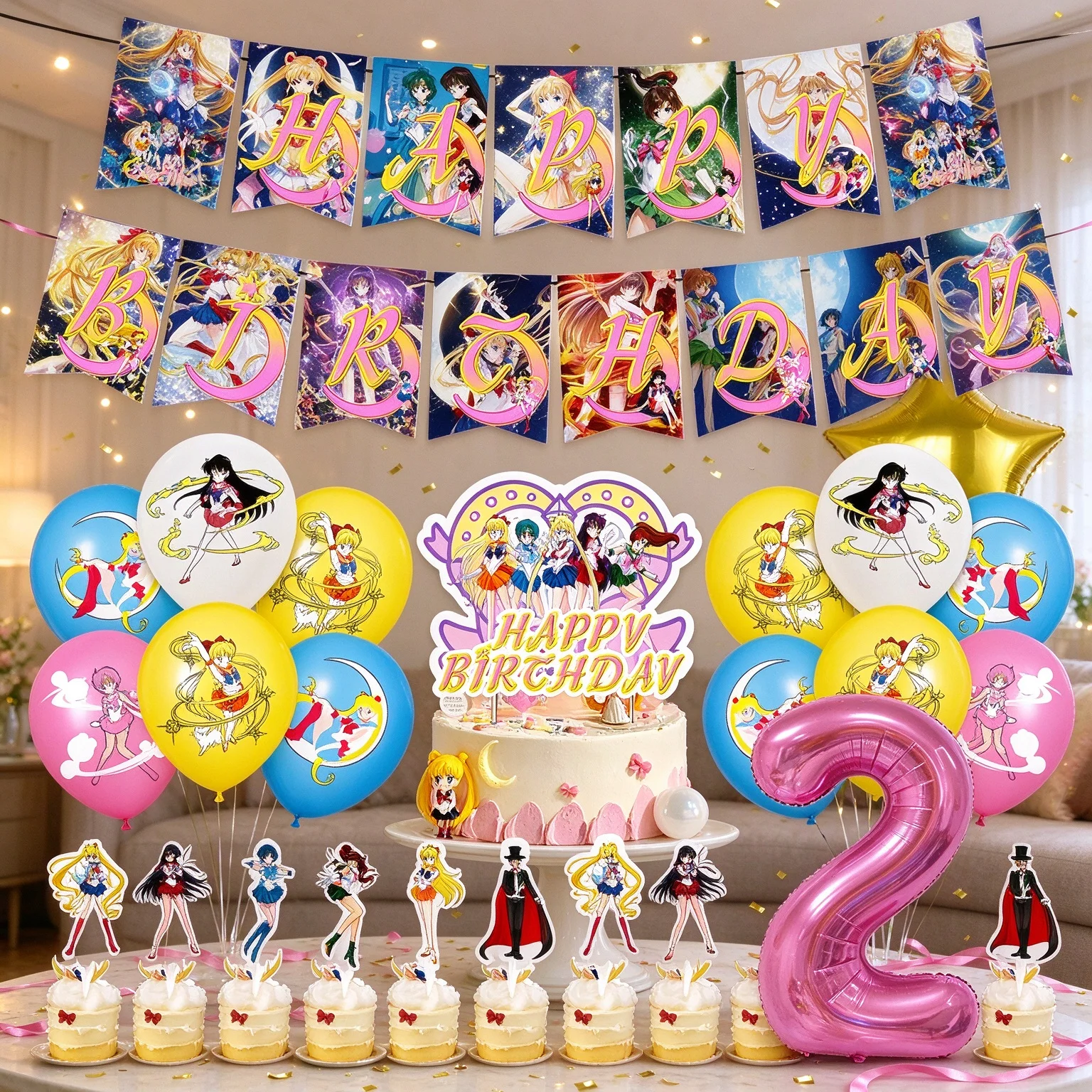 Sailor Moon‌ Birthday Party Decoration Kit Kawaii Girls Favors 1-9 Number Foil Balloon Sailor Moon‌ Cake Topper Baby Shower