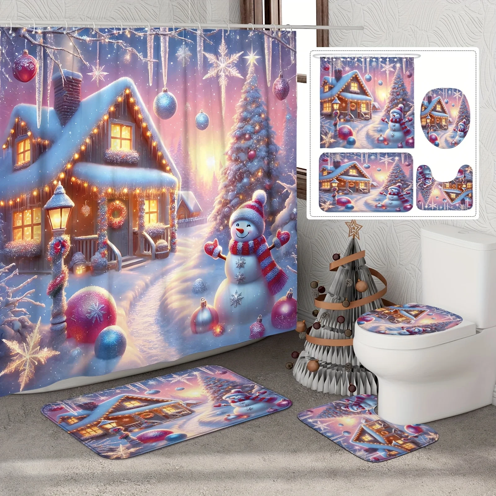 4Pcs Christmas Snowman Shower Set with Mat, 12 Hooks, Non-Slip Bath Mat & Toilet Cover, Machine Washable