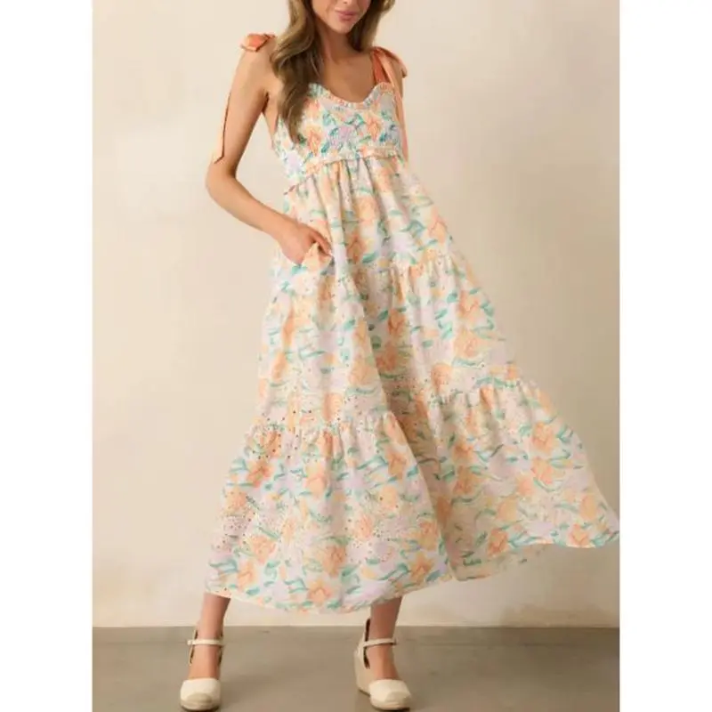 Combhasaki Donna Estate Cinghie Spalla legata Senza maniche Scollo a V Smocked Ruffle Trim Stampa floreale Swing A-line Canotta Abito lungo