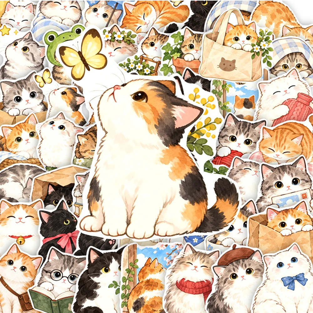 10/30/50pcs Kawaii Watercolor Cat Animal Stickers Cute Cartoon Kitten Decals Stationery Phone Laptop Diary Graffiti Sticker Toy