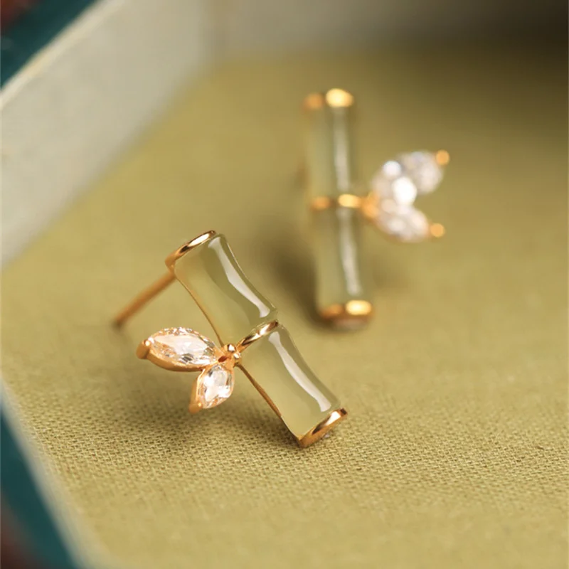 2022 Trendy Transparent Opal Bamboo Stud Earrings For Women Fashion Rhinestone Leaf Chinese Vintage Earrings Aesthetics Jewelry