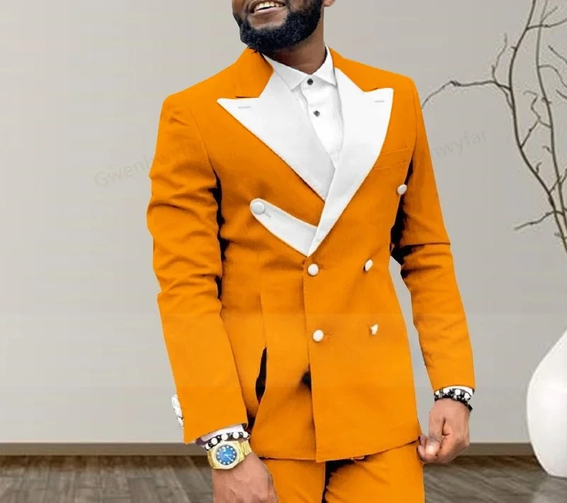 New Customized Royal Blue Best Men's 2-Pieces Slim Fit Double Breasted White Pointed Lapel Design Casual Swallowtail