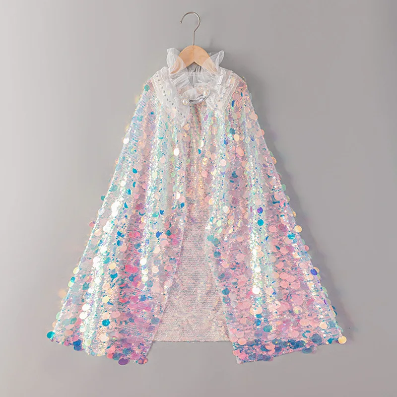 Girls Magic Glitter Cape, Sparkling Sequin Princess Cape with Button Closure, Suitable for Dress Up, Party, Prom, Show and Gift