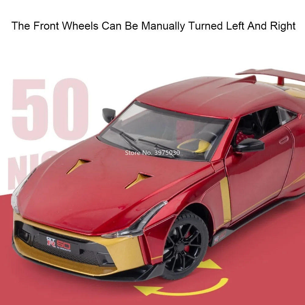 Model samochodu GTR50 GTR R34 w skali 1:24, zabawki, modele ze stopu, odlewane pojazdy, dźwięk i światło, napęd na sprężynę, miniaturowy samochód, prezent urodzinowy dla chłopców