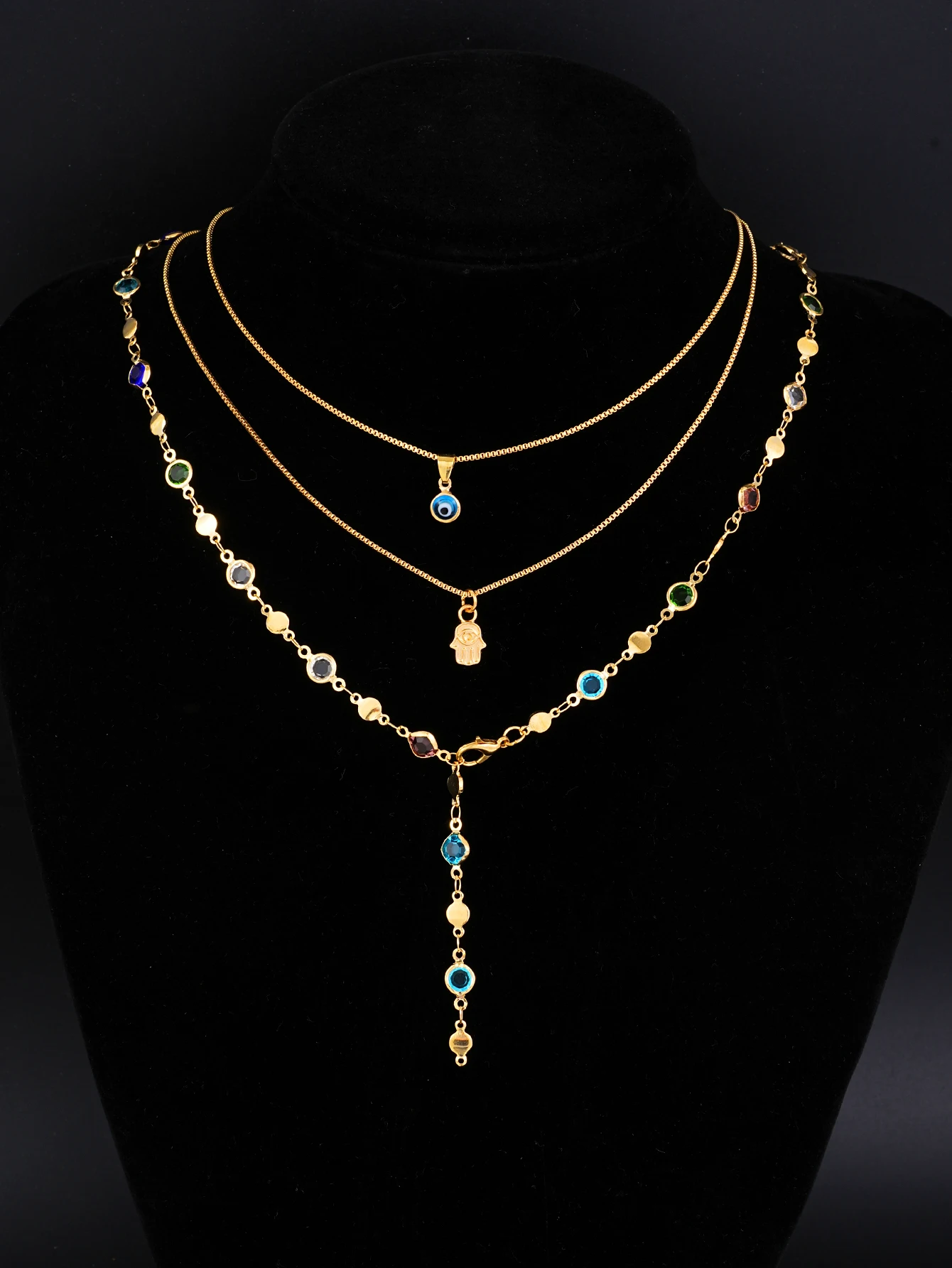 2/3-Piece Fashionable and Simple Retro-Style Necklace Set with Colorful Imitation Gemstones, Y-Shaped Long Necklace, Devil's Eye Multi-Layer Necklace Set, Gold Color, Suitable for Women, Vacation, Dating, Daily Wear, Halloween, Christmas, First Choice for Gift Giving