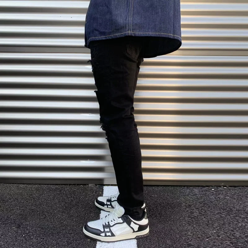 Men's High Street Fashion Black Skinny Jeans Elastic Stretch Ripped Pants Paisley Patched Hip Hop Designer Brand Hombre