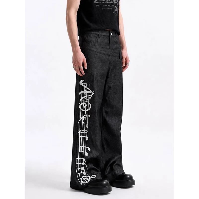 Double-Waisted Denim Trousers For Men Trendy Symbol Embroidery Buttoned Diagonal Patchwork Design Unique Jeans