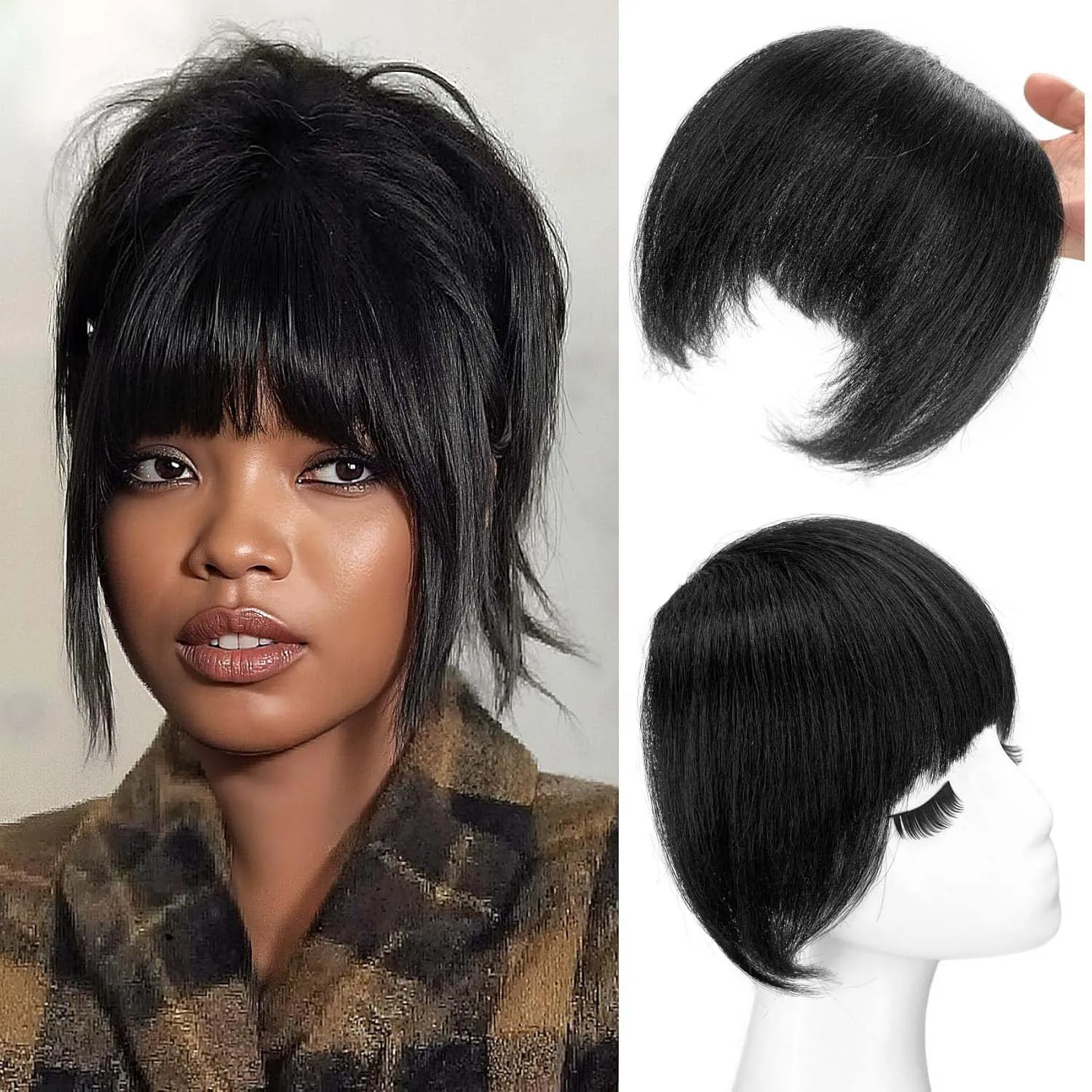 

Синтетические черные прямые челки Yaki для женщин, накладные пряди с боковыми прядями, ручной работы, кудрявые прямые челки-накладки