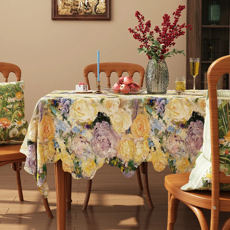 

DSA retro romantic oil painting style tablecloth cotton and linen fabric waterproof coffee table pastoral high-end jacquard