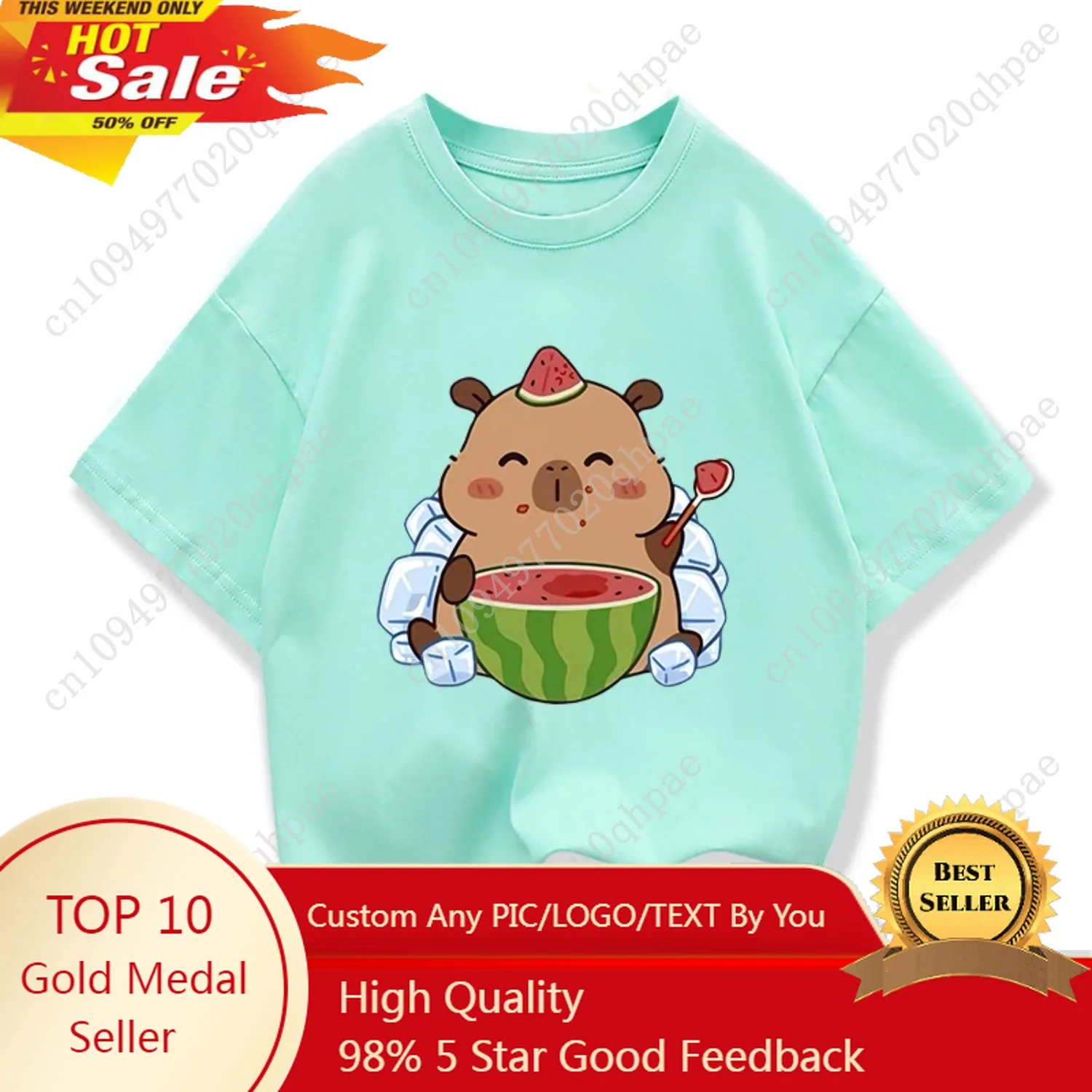 

Summer New Capybara Watermelon Printed Cartoon Fashion Short Sleeve T-shirt Kids Clothing Tees Girls Loose Casual Tops T Shirts