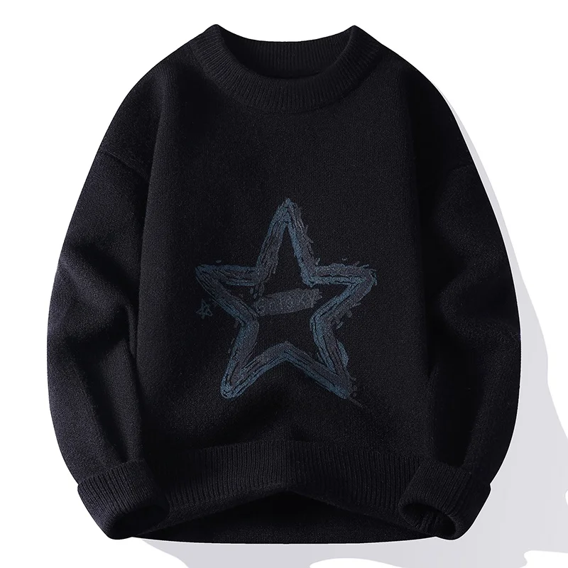 

Мужской свободный крой круглый трикотаж, осень-зима, новый повседневный удобный дышащий теплый трикотаж из полиэфирного волокна со звездами