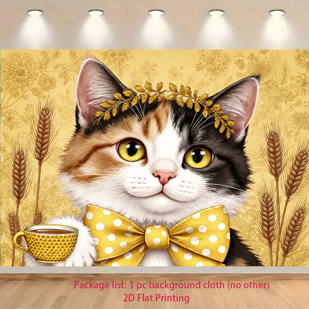 Luxurious Cat Portrait Wall Tapestry Polyester Fabric Golden Wheat Background Cottagecore Farmhouse Home Decor Art Print
