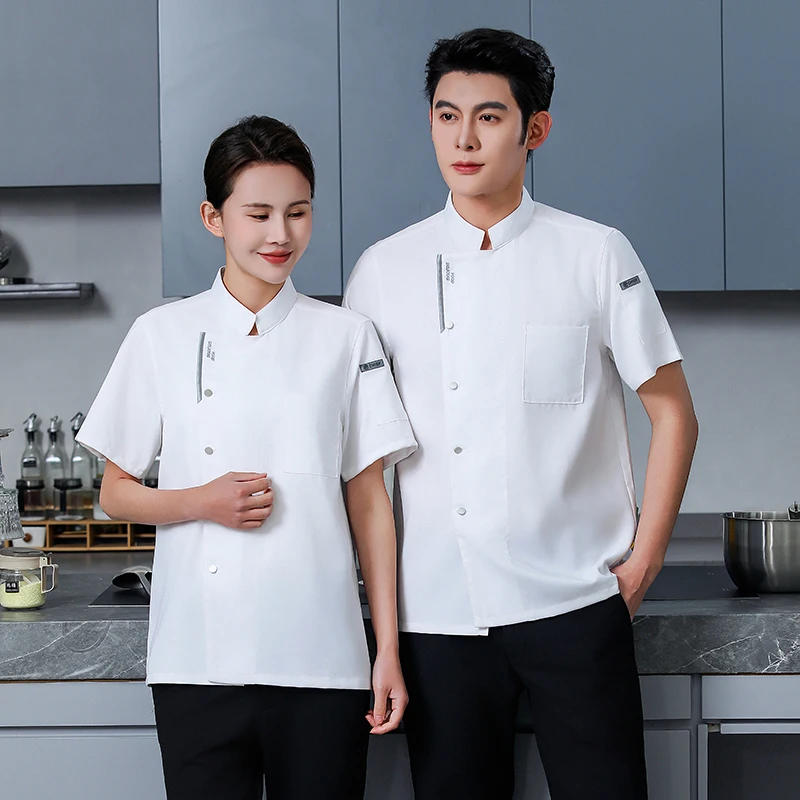 Restaurant Short Sleeve Chef Shorts Jacket Kitchen Breathable Chef Coat Summer Men Black Chef Uniform Apron Work Clothes Logo