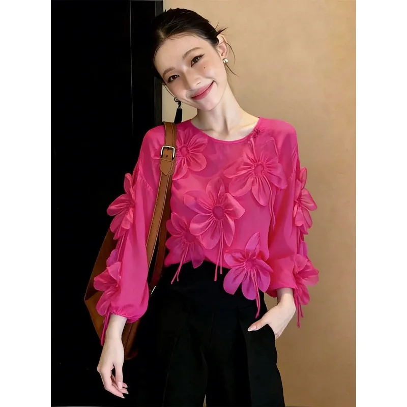 

Design 3D Floral Long-sleeved Tops Women Blouse Spring Summer Shirts Womens Shirts Luxury Office Lady Blouses White Black