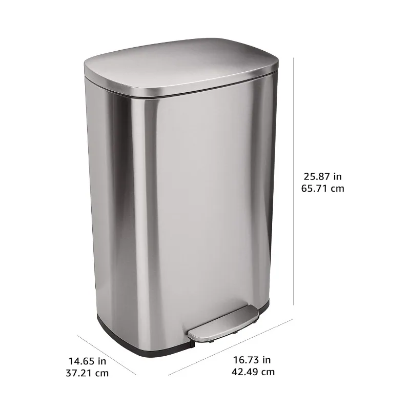 Smudge Resistant Rectangular Trash Can With Soft-Close Foot Pedal, Brushed Stainless Steel, 50 Liter/13.2 Gallon