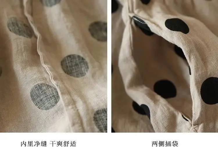 Fashion Retro Cotton and Linen Polka Dot Dress for Women Loose Slim Puff Sleeve Linen Doll Skirt