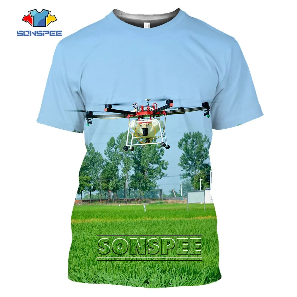 SONSPEE Agricultural Drone Pattern 3D Printed Casual Quadcopter Racing Original Collar T-shirt Men Women Punk Hip-hop Farm Tops