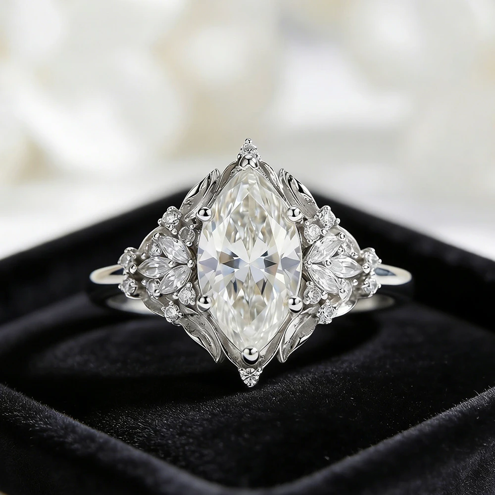 3CT Marquise Cut Moissanite Ring Vintage Princess Engagement Ring for Women 925 Sterling Silver Retro Wedding Band Jewelry Gifts